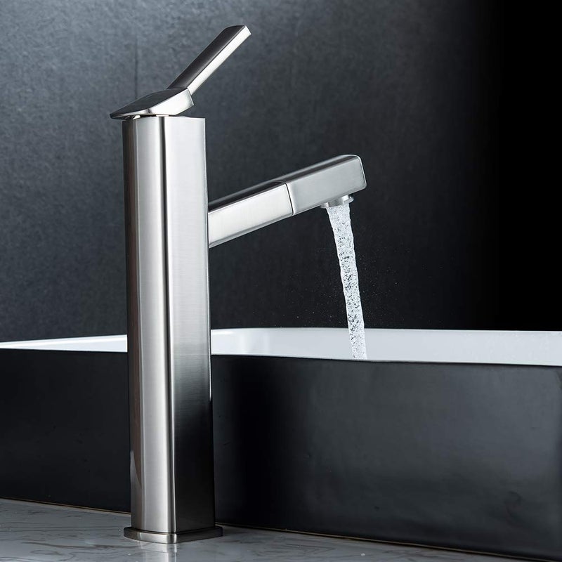 KAIYING Pull Down Vessel Sink Faucet, Single Handle Tall Bathroom Faucet with Pull Out Sprayer, Single Hole High Vanity Basin Mixer Tap, Lavatory Utility Sink Faucets (Tall, Brushed Nickel) - Image 4